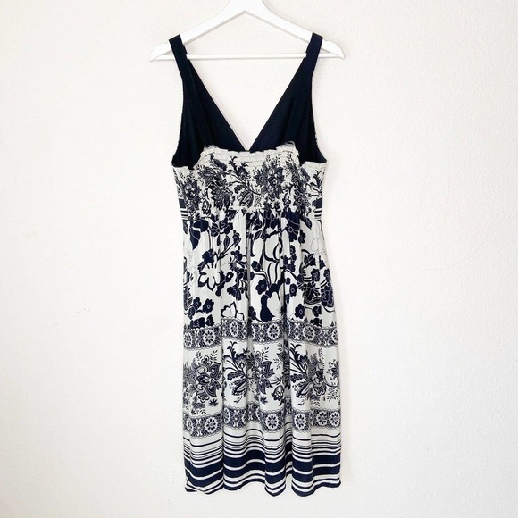 Tristan Silk Black and White Floral and Striped Smocked Back Dress L - Picture 7 of 12